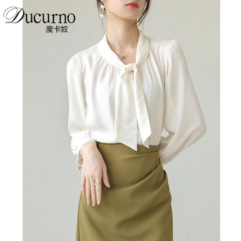 新中式白色圆领长袖系带衬衫女2025年秋季新款法式百搭轻熟上衣女