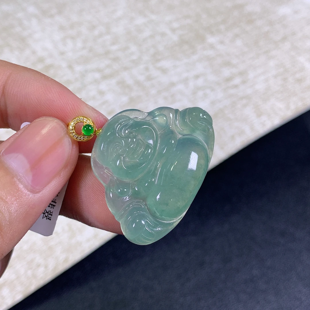 缅甸天然A货翡翠18k金镶嵌冰种满绿佛公吊坠33.2x25.4x6.3