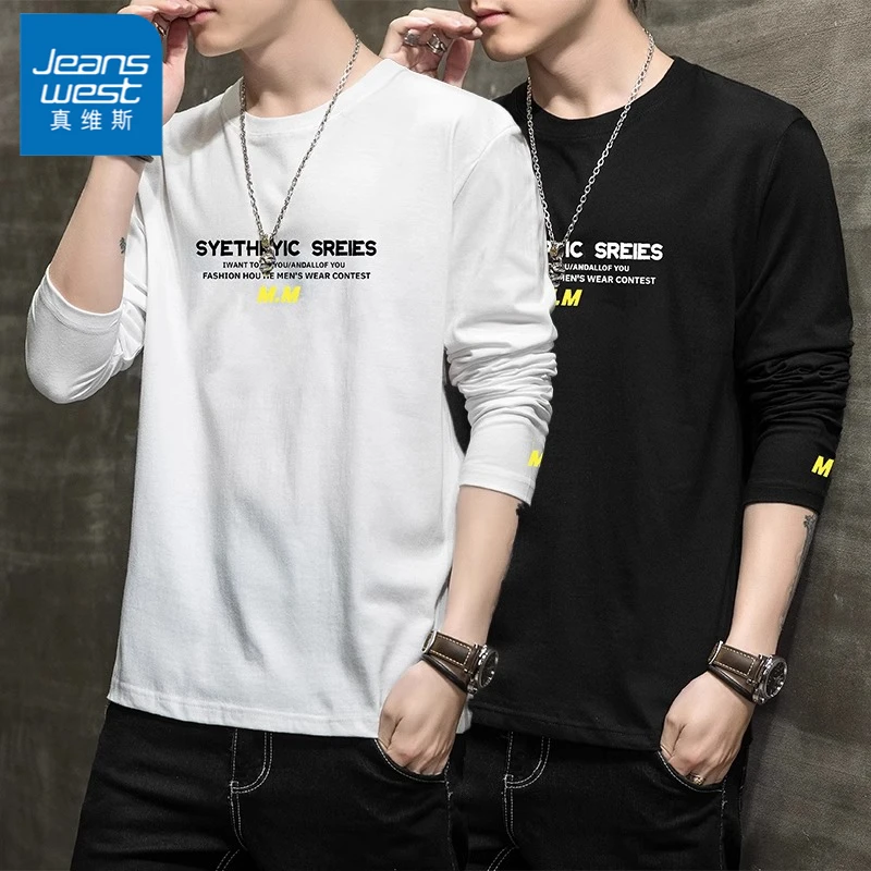 Jeanswest/真维斯长袖T恤男士2025春季新款休闲潮流印花圆领上衣