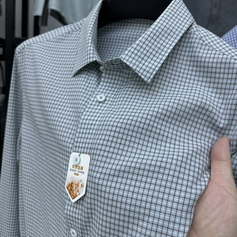 Zero Degree North轻奢亚麻长袖衬衫男士春秋新款格子免烫上衣