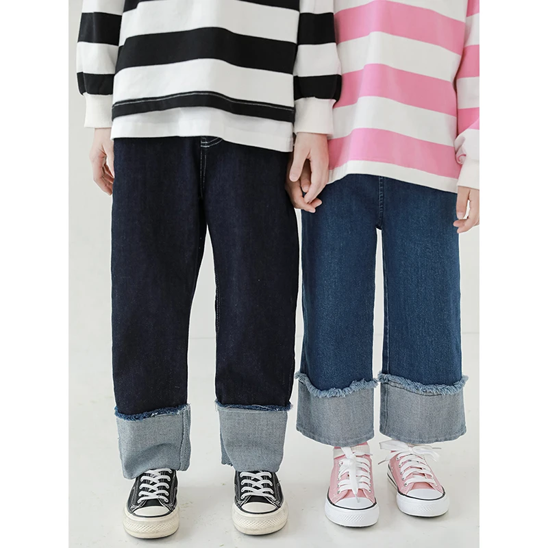 清 幼悠 春二波CD0101女童铅笔牛仔裤时髦撞色毛边翻折拼色休闲裤