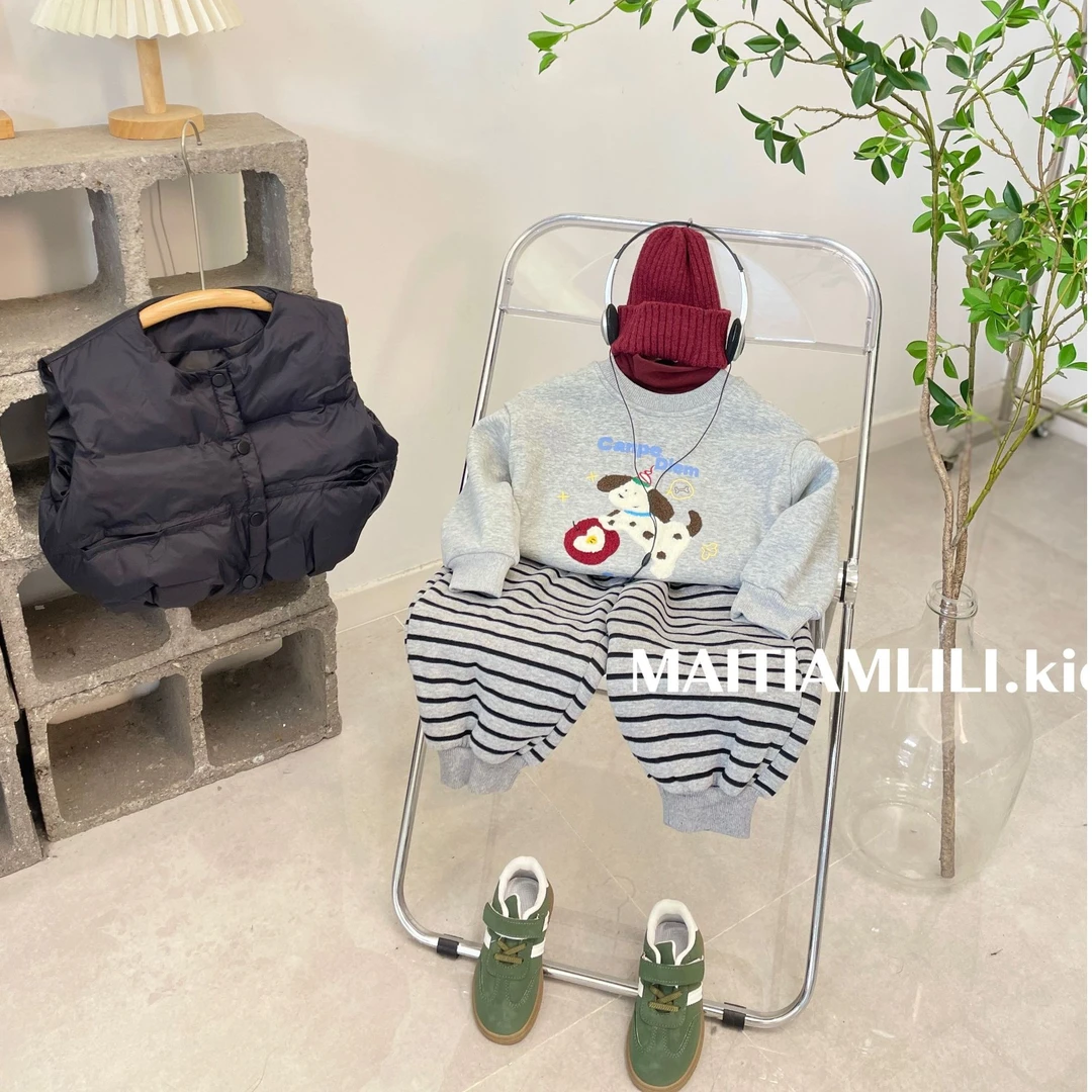 2024冬季新款童装儿童韩版毛巾绣卡通卫衣男女童加绒套头上衣