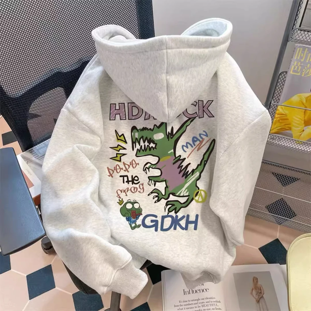 特大码300斤美式高街卡通恐龙印花连帽卫衣冬男宽松百搭休闲外套