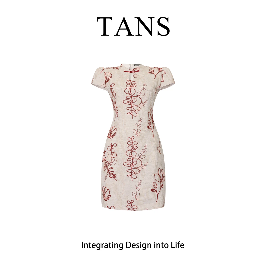 现货 TANS【夏季新品】新中式古法红色刺绣改良旗袍时尚短款连衣裙