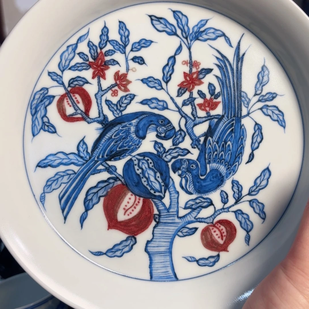 青花釉里红 鹦鹉石榴