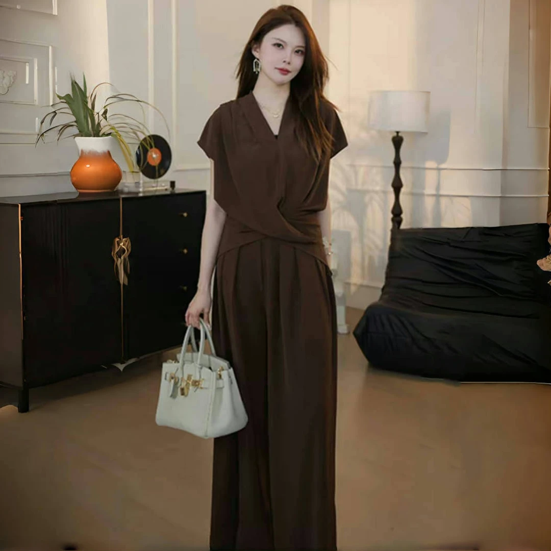 拉夏贝尔时尚套装女2025夏季新款设计感短袖上衣高腰阔腿裤两件套