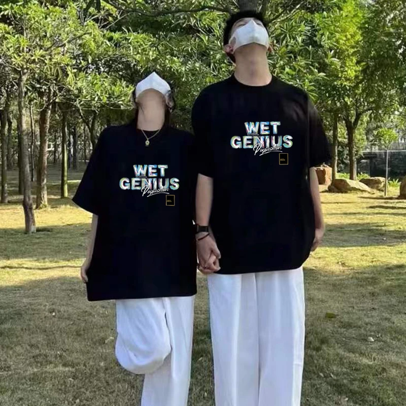 国潮新款纯棉短袖T恤男女同款宽松大码上衣夏装情侣装休闲五分袖
