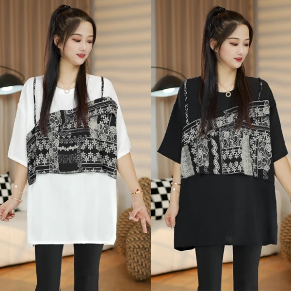 夏季新款欧货时尚复古花色拼接T恤洋气百搭韩版宽松遮肉显瘦上衣