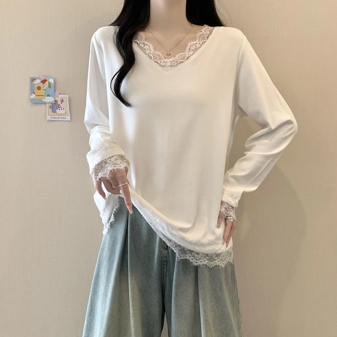 蕾丝花边拼接V领长袖T恤打底衫女春秋宽松百搭中长款内搭纯欲上衣
