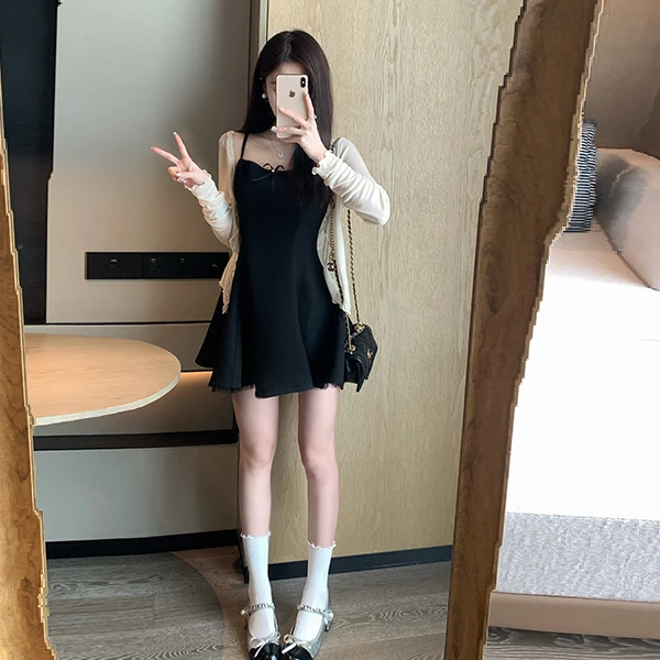 气质吊带连衣裙夏季新款高端气质显瘦百搭开衫小黑裙子套装两件套