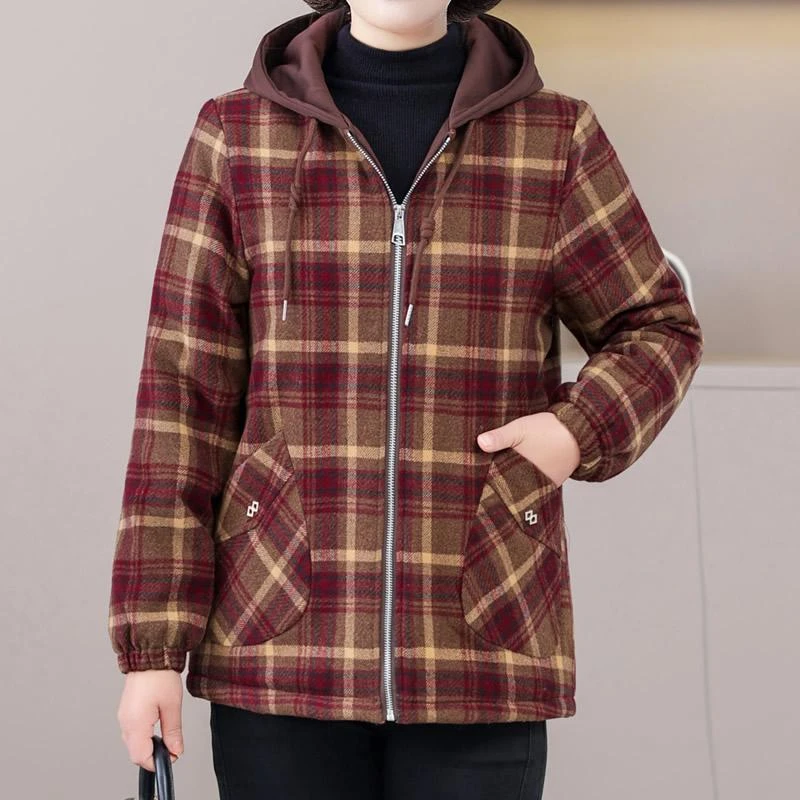 哥弟阿玛施正品时尚母亲服装连帽格纹丝绒加厚棉衣冬季减龄夹克中