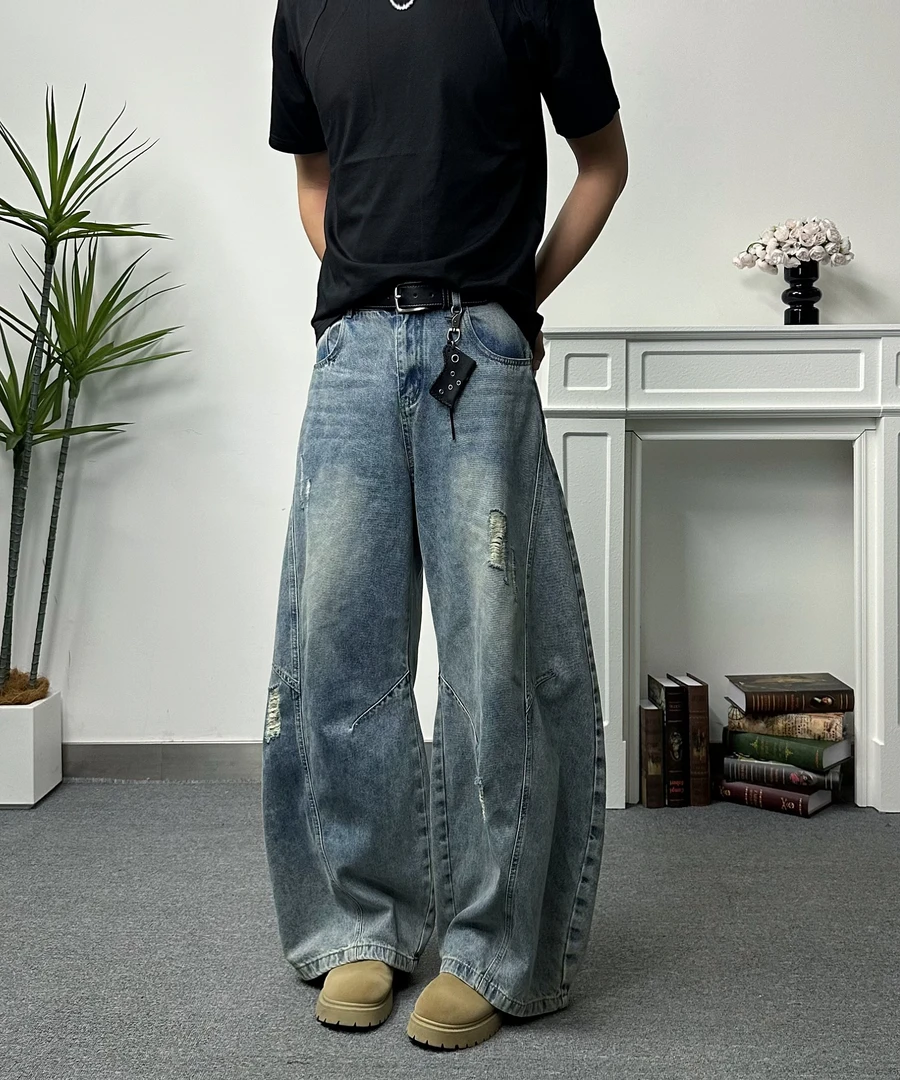 美式阔腿弯刀裤复古做旧磨破拖地裤宽松休闲百搭牛仔裤长裤男女