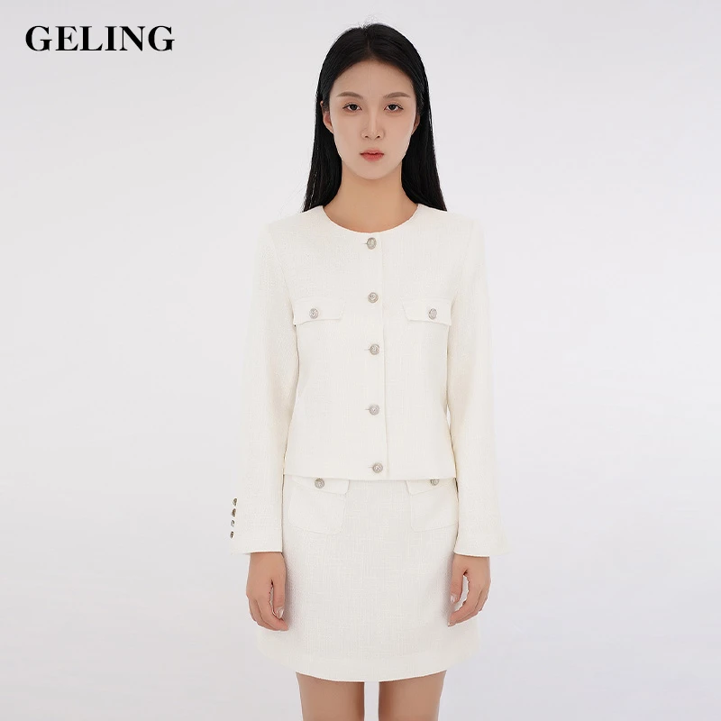 GELING/歌&玲复古圆领工装短款时尚白色小香风开衫外套G21WW2268