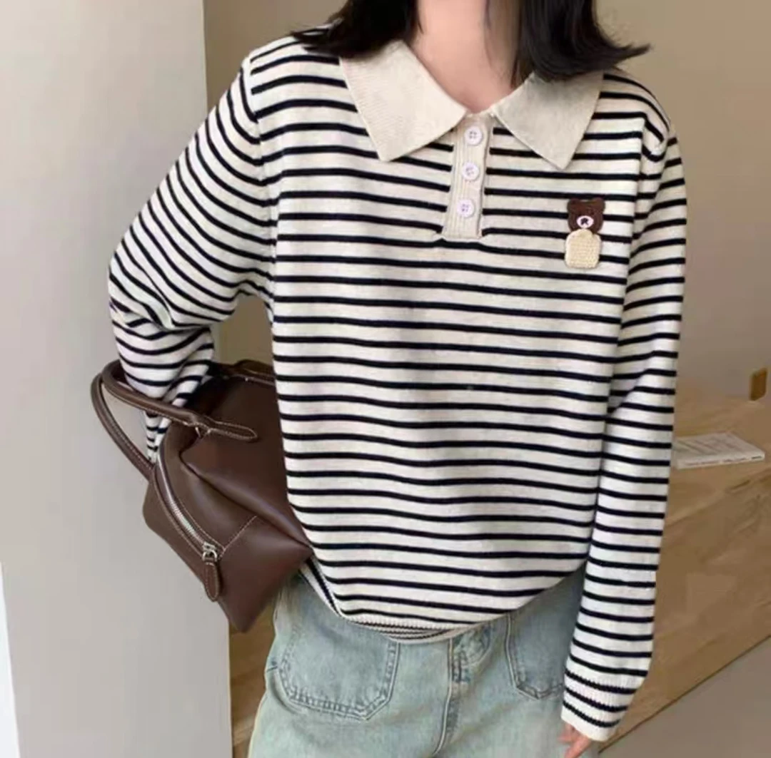 2025春季穿搭【小熊条纹】百搭 POLO领 条纹 开衫-5620