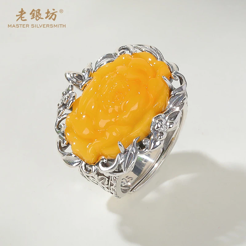 【老银坊】s925银蜜蜡雕刻牡丹戒指 00312673