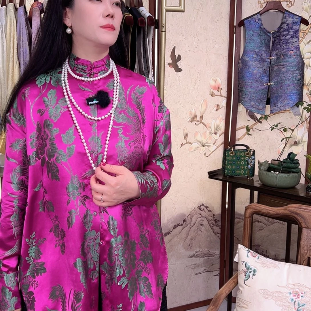 桑蚕丝老缎立领宽松衬衫