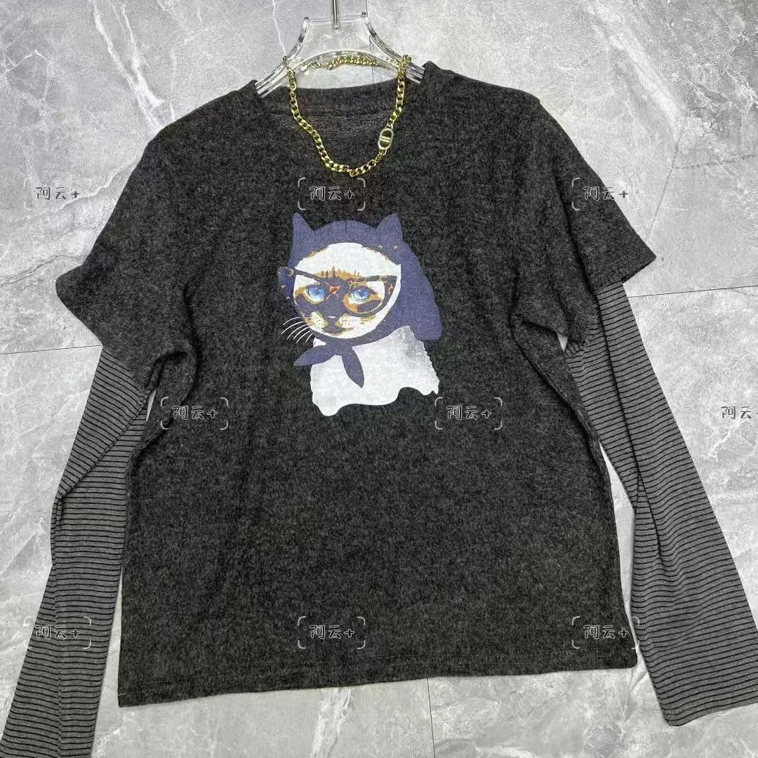 磨毛卡通印花假两件T恤2025早秋新款设计感小众宽松显瘦圆领上衣