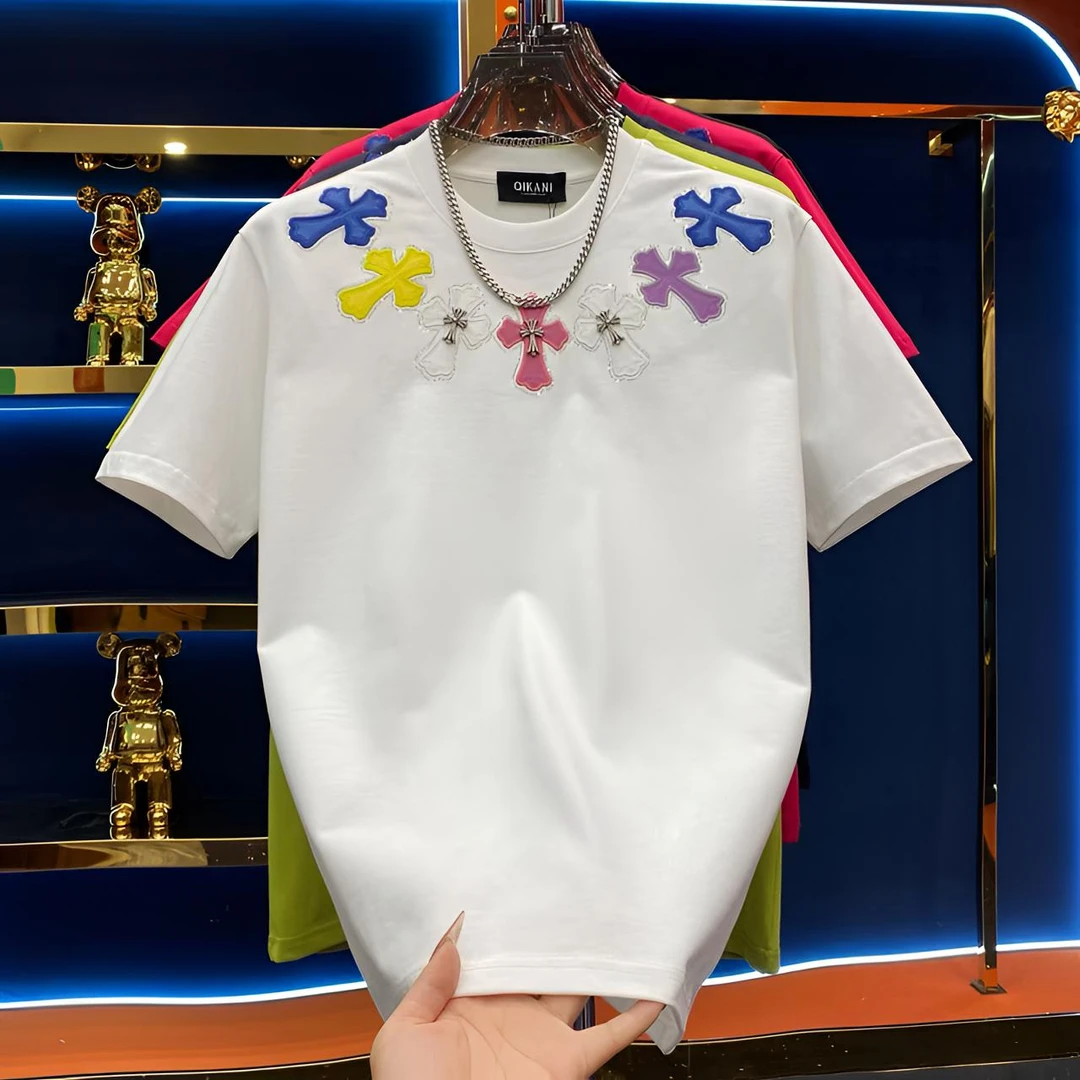 新款秋冬重工艺刺绣烫钻微阔扩短袖男士潮流百搭时尚宽松半袖T恤