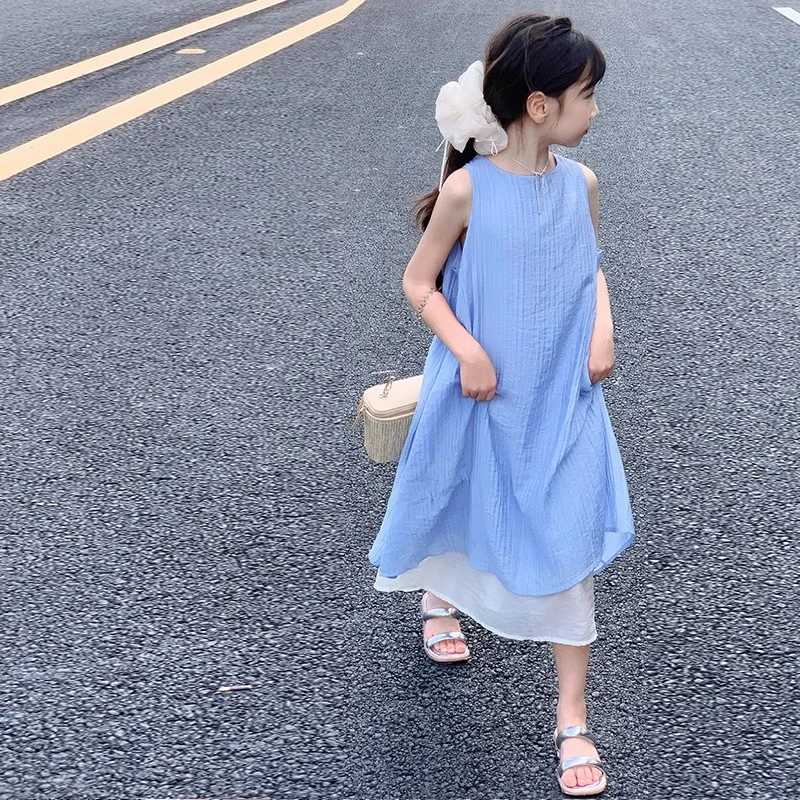 女童夏装连衣裙洋气女大童韩版背心裙夏季无袖假两件裙度假风裙子