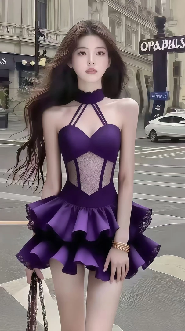 性感辣妹风桃心领挂脖修身设计感紫色连衣裙女时尚气质显瘦高级感