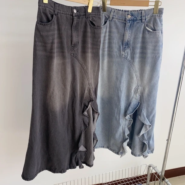 F123 复古波浪不规则开叉牛仔鱼尾半身裙