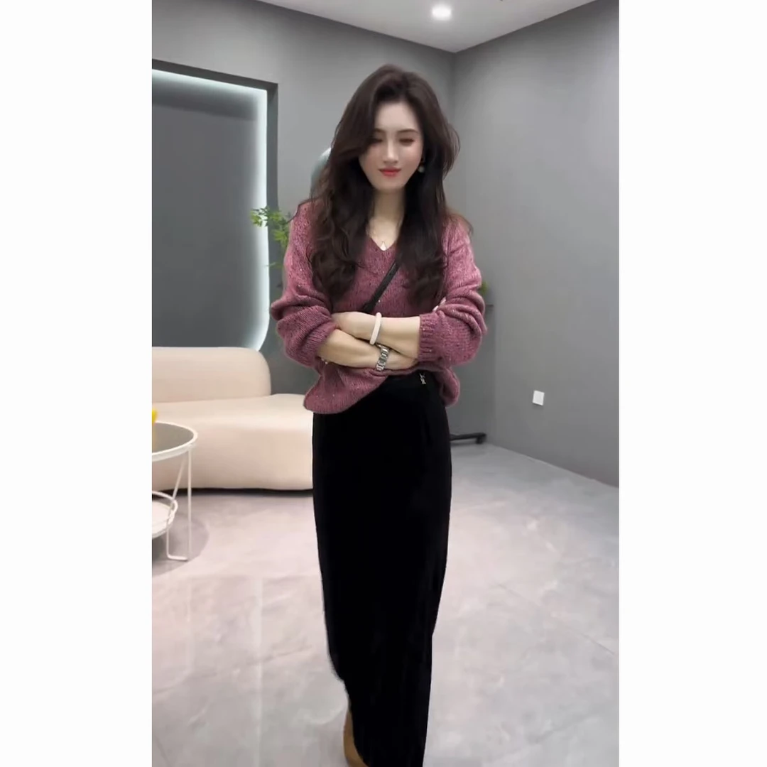 秋装搭配一整套2025年新款韩系百气质简约v领毛衣半身裙两件套装