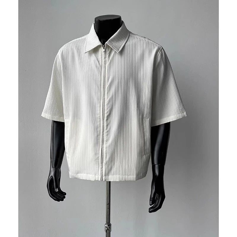 白色短袖衬衫男款高级感夏季薄款正肩外套叠穿螺纹休闲五分袖衬衣