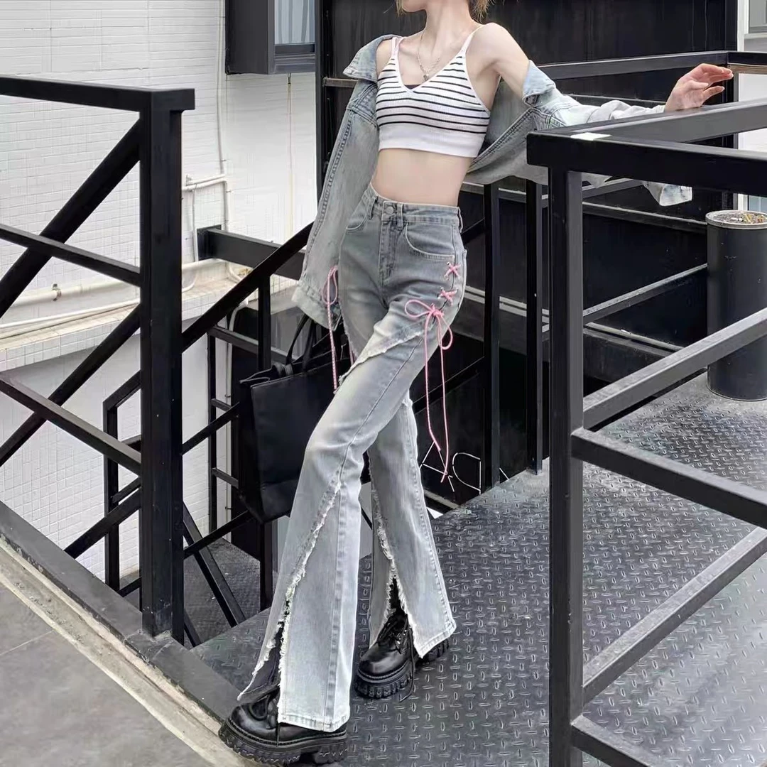 美式高街时尚浅蓝色修身牛仔喇叭女裤