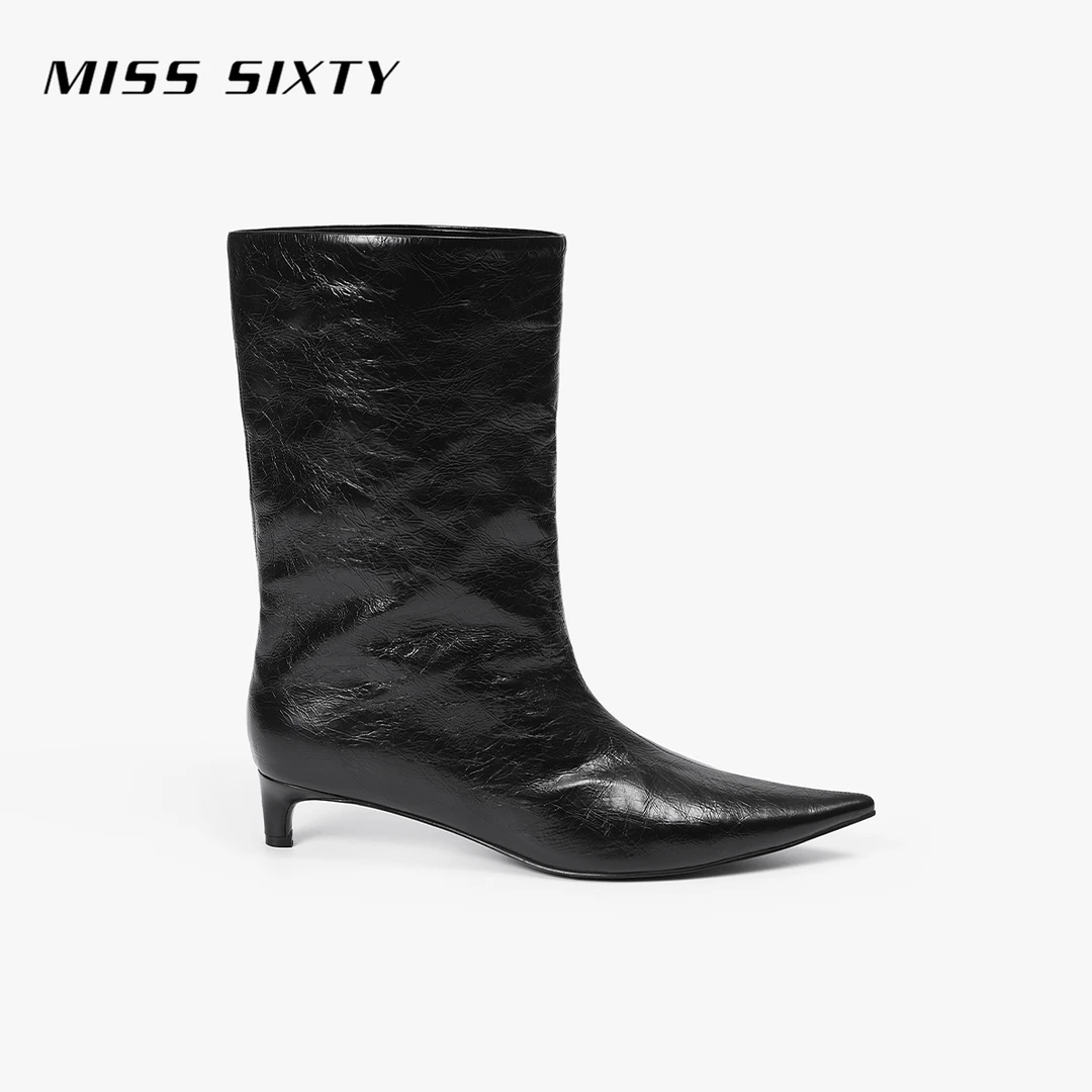 Miss Sixty2025秋季新款靴子女尖头细跟中跟筒靴黑色牛皮革真皮靴