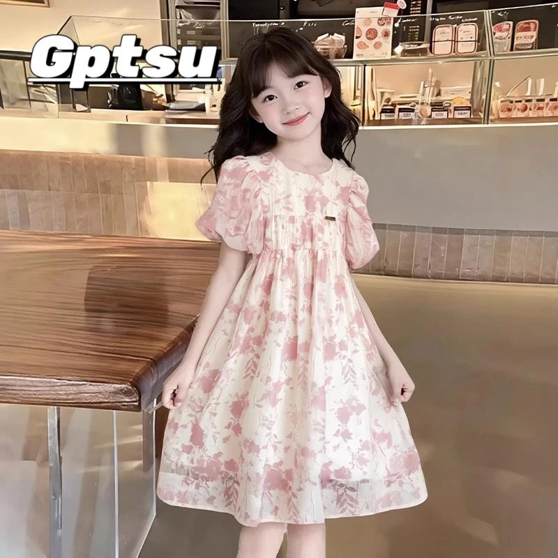 GPTSu女童连衣裙夏季2025新款儿童洋气泡泡袖碎花裙夏装公主裙子