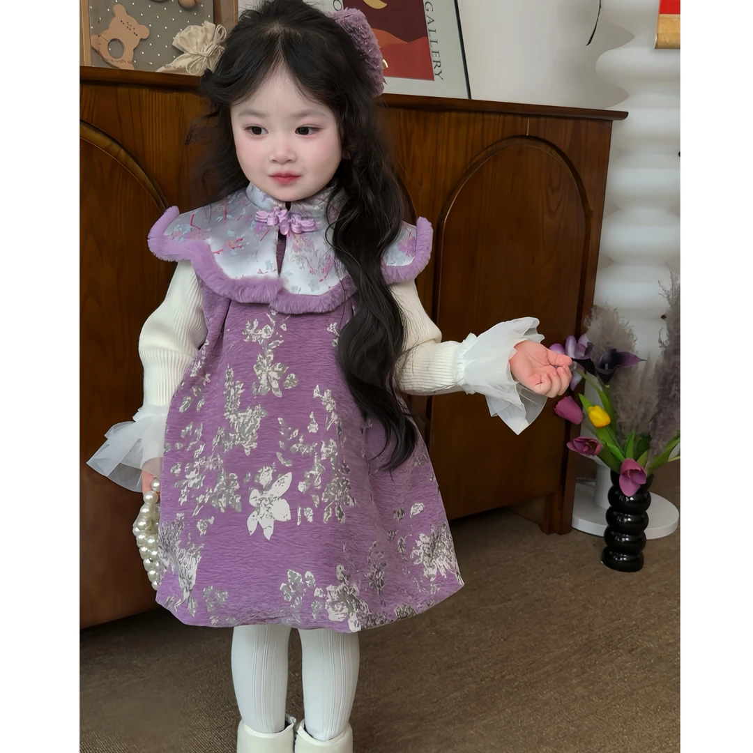 高定款女婴童2024冬季唐装新中式裙子国风加绒时尚保暖可爱拜年服
