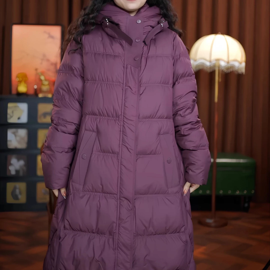 华丽衣着（葡萄紫色）羽绒服女装白鸭绒冬季长款连帽加厚