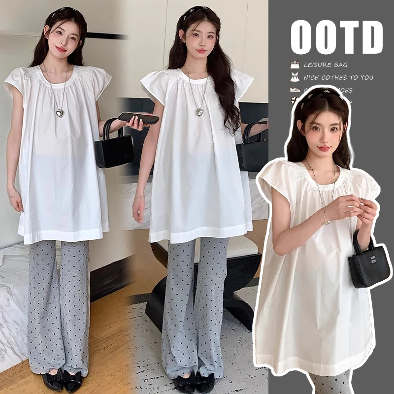 【咩咩】孕妇夏装套装韩版时尚宽松娃娃泡泡袖上衣+喇叭裤两件套