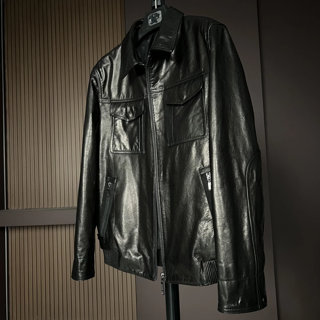 2551-N海宁头层油蜡牛皮男士真皮皮衣2025秋冬新款休闲翻领皮衣