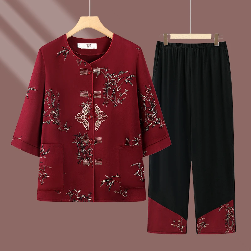 奶奶夏季薄款套装宽松大码中老年妈妈装两件套圆领七分袖老人套装