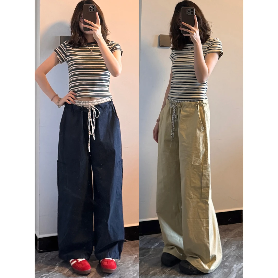 秋秋【速干纯棉格子拼接休闲裤】夏季高腰抽褶宽松显瘦工装阔腿裤