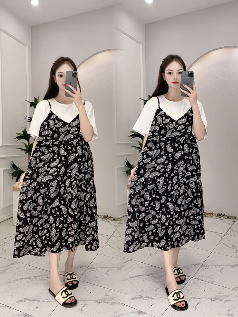 孕妇装2025夏季新款百搭时尚显瘦韩版碎花假两件孕妇小黑裙-61738