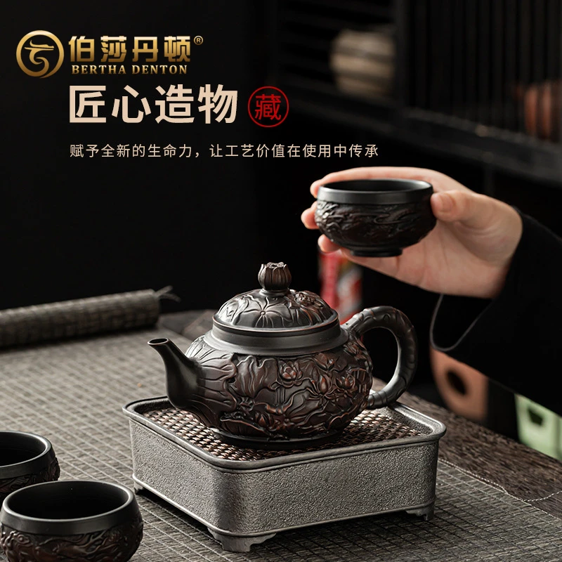 BERTHA DENTON/伯莎丹顿紫陶壶单壶满雕祥龙紫泥手工泡茶紫砂壶