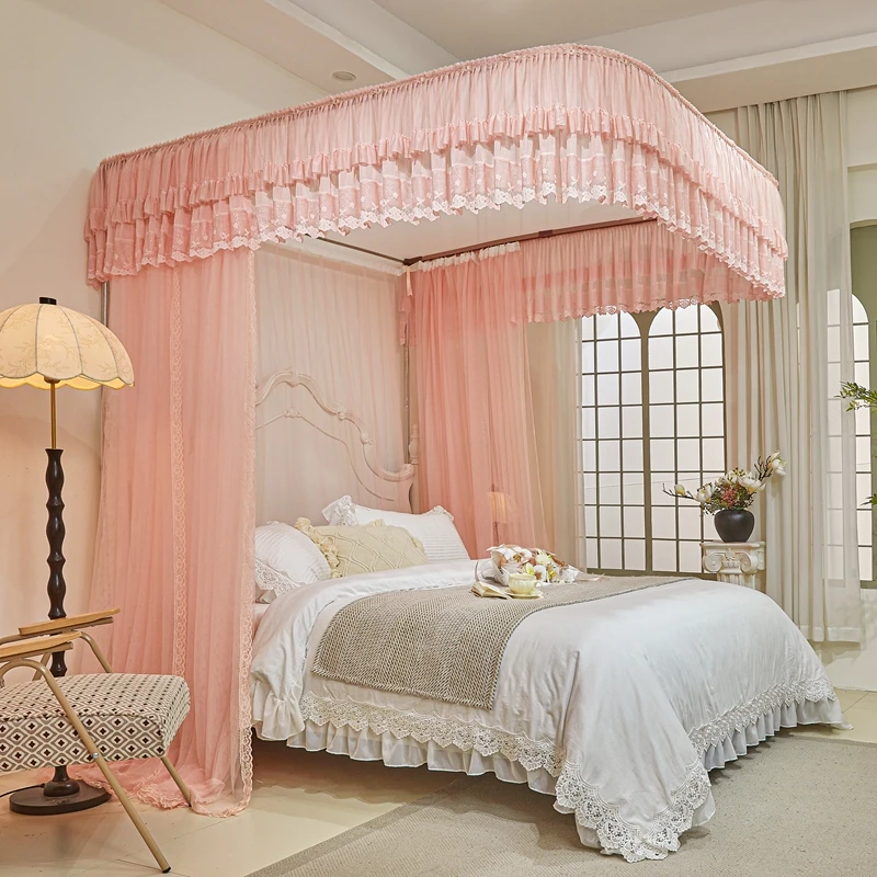 家用卧室伸缩防蚊加厚加粗欧式落地式公主风三开门U型导轨蚊帐梦