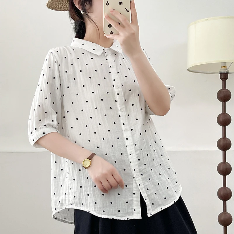 夏季衬衫元气休闲百搭波点双层纱女士宽松显瘦时尚短袖港风气质潮