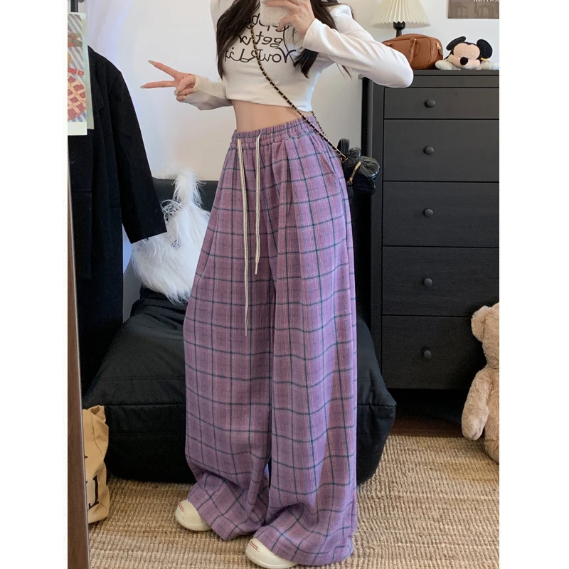 紫色格子阔腿裤女春秋冬季美式复古慵懒风休闲加厚宽松拖地毛呢裤