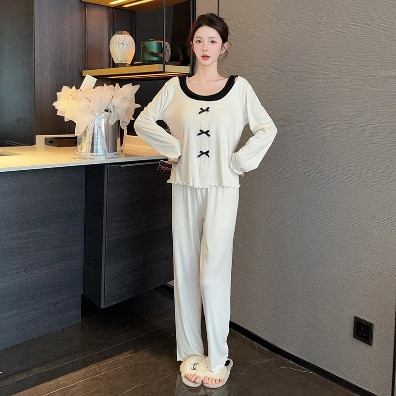 高级感新款春季睡衣女士莫代尔长袖薄款带胸垫舒适宽松家居服套装