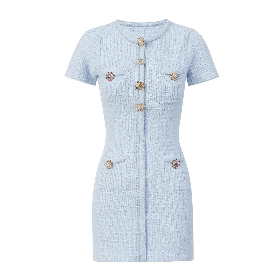 2025早秋新款名媛精致小香风钻扣设计感雾霾蓝针织短裙连衣裙