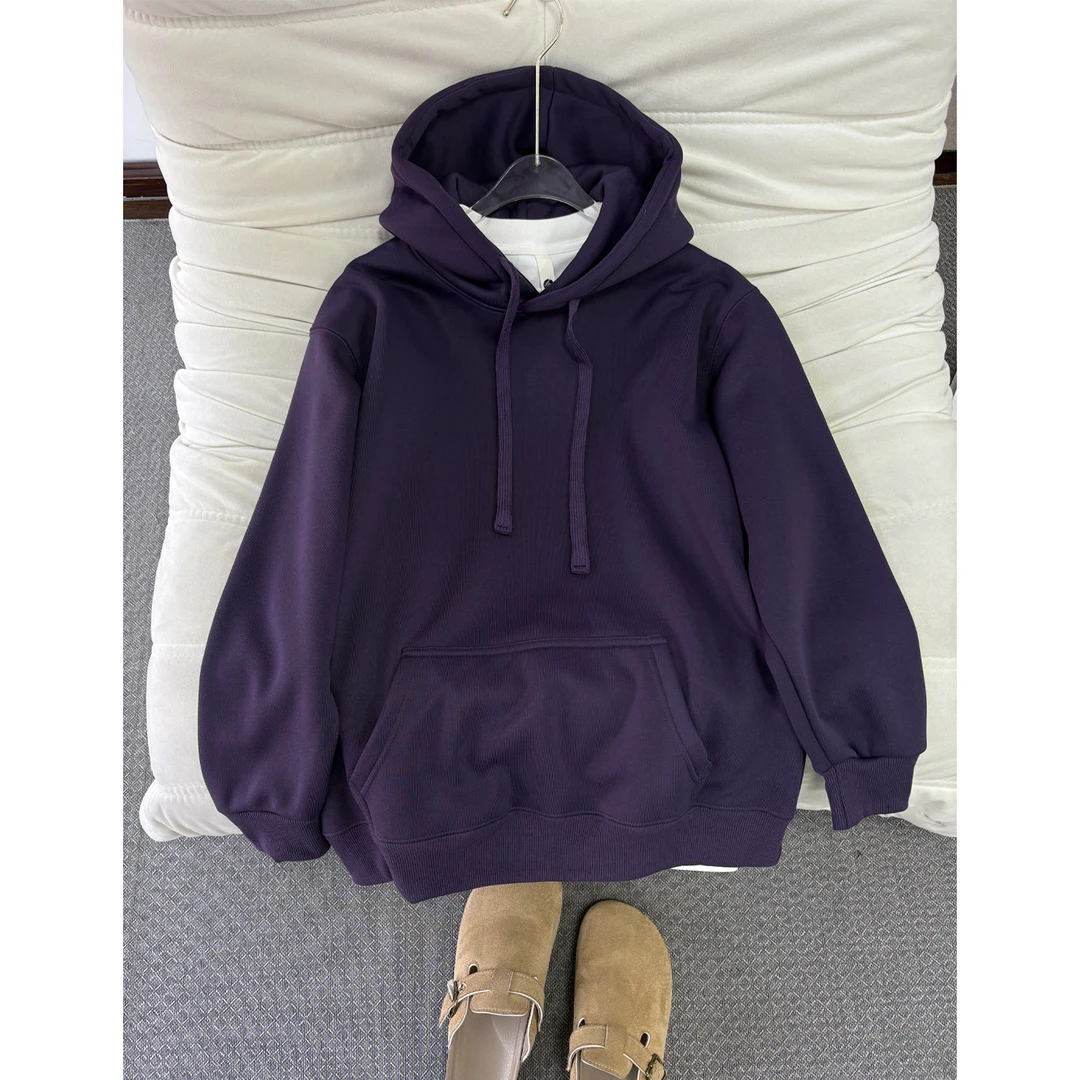 乌梅紫色重磅卫衣男女款冬季加绒加厚连帽衫美式复古宽松情侣外套