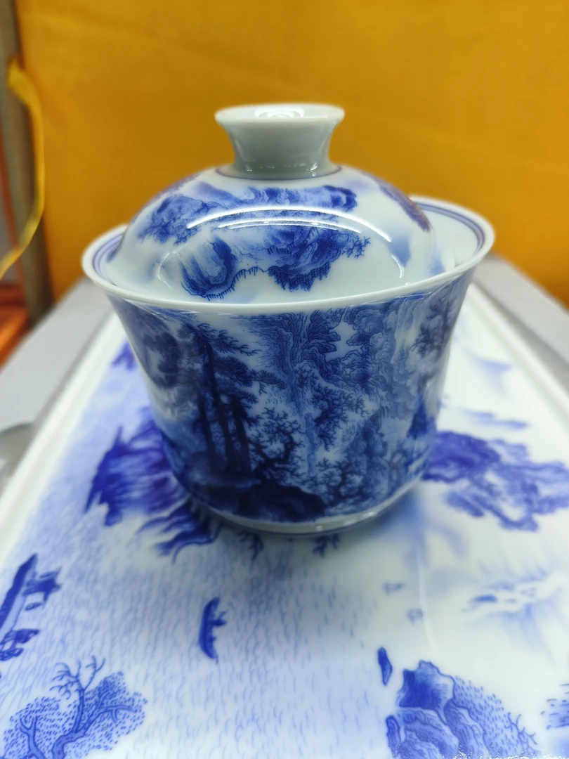 景德镇山水青花二才盖碗系列套装高温烧制而成简约家同高端精美