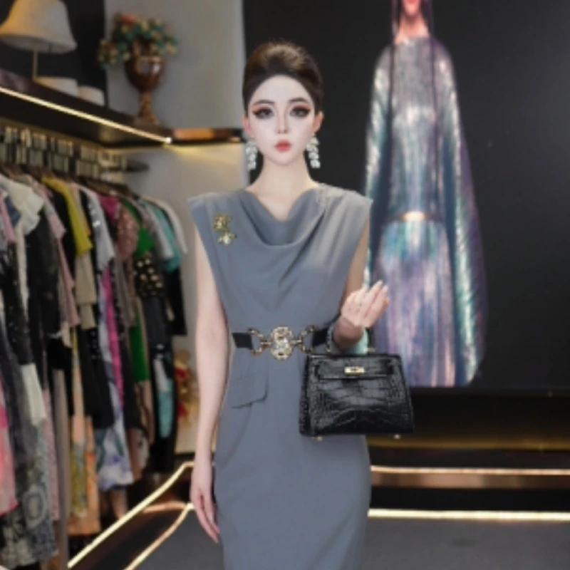 【莎总专属】夏季新款中式腰带束腰高腰减龄假两件连衣裙Q2066