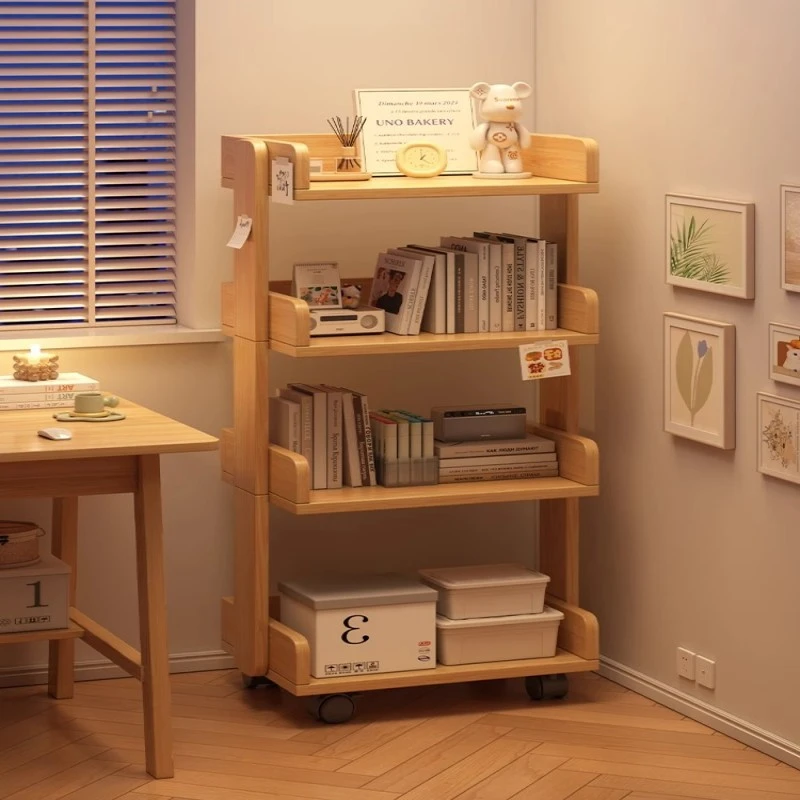 实木书架落地置物架多层储物柜一靠墙儿童绘本收纳架可移动书柜