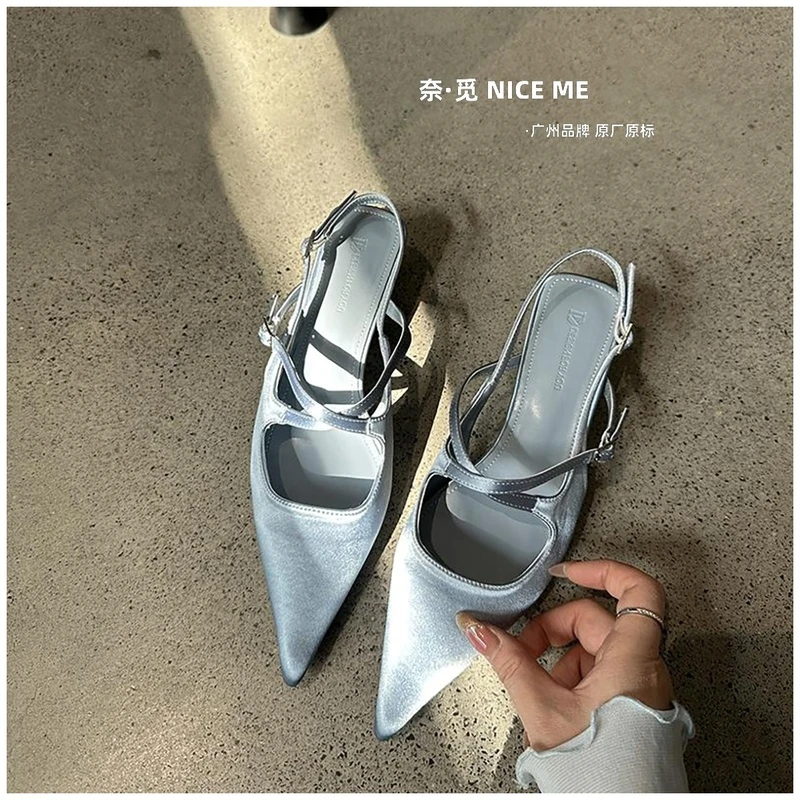 【千金】NICE ME~法式尖头凉鞋女2025新款细跟交叉带气质后空单鞋