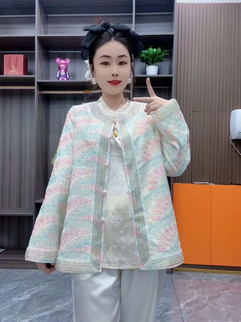 中式圆领重工亮片高级感上衣