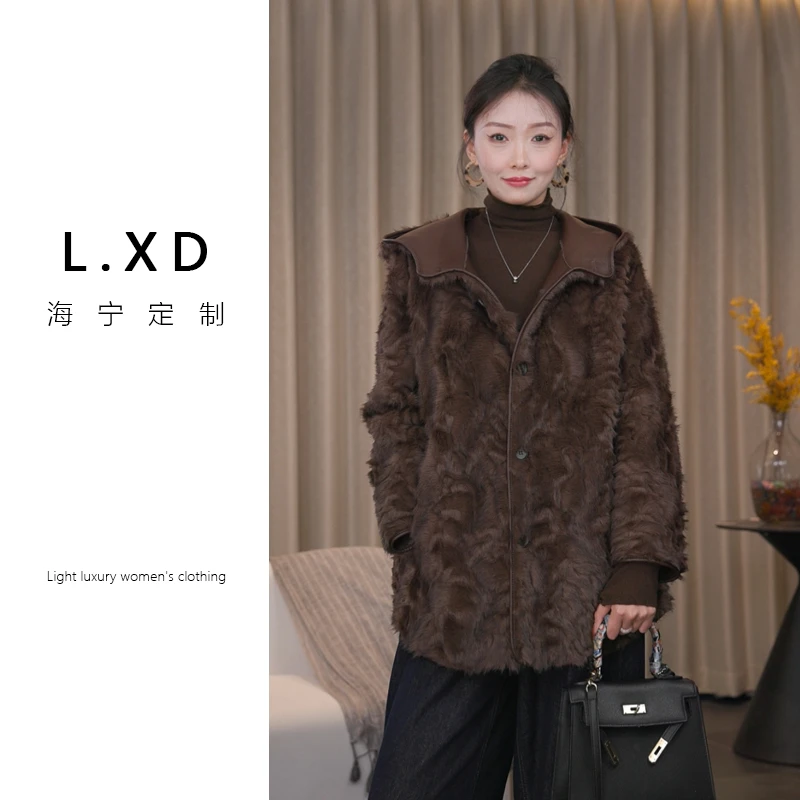 海宁毛毛连帽外套女立领高品质轻奢冬季保暖中长款上衣